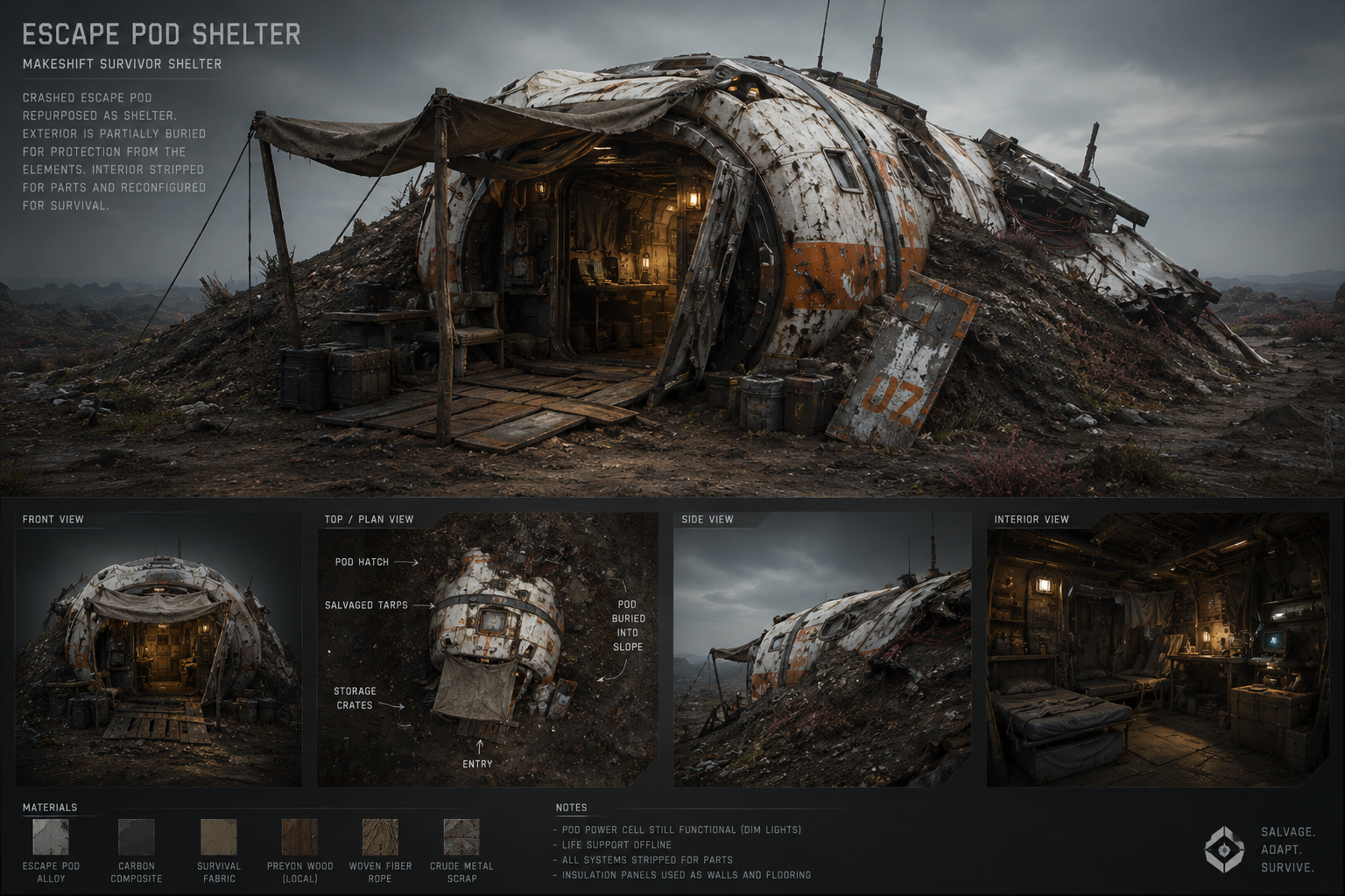 Escape pod wreckage converted into a makeshift survival shelter